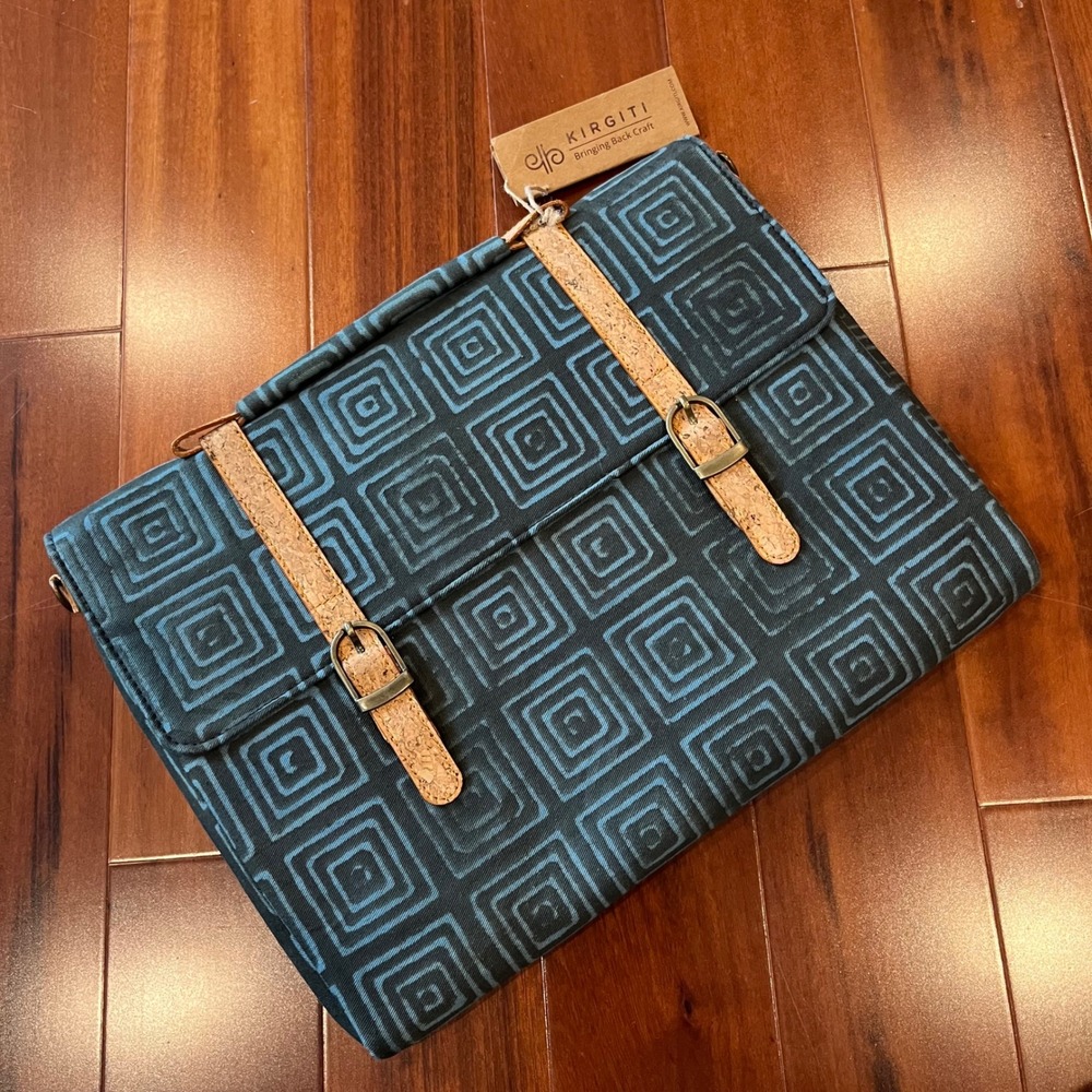 Boho Laptop Sleeve Bag Artisan Kirgiti Hand‎ Printed Cotton Cork Navy Blue New